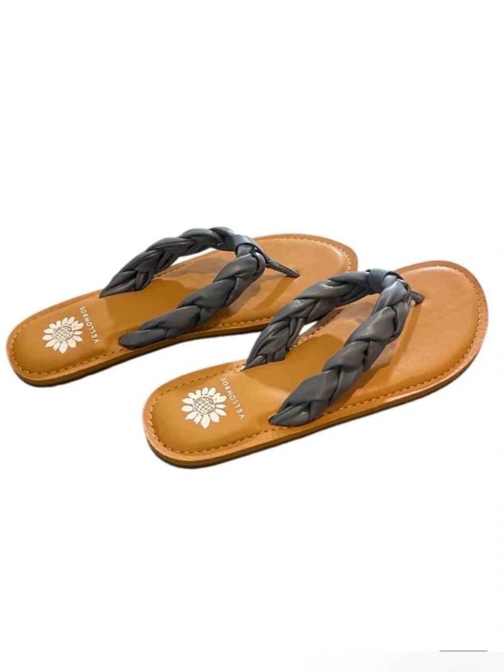 7.5 Yellowbox Dauphine Blue gray Tan Sandals Shoes Braided Leather Women's Thong - Picture 5 of 13